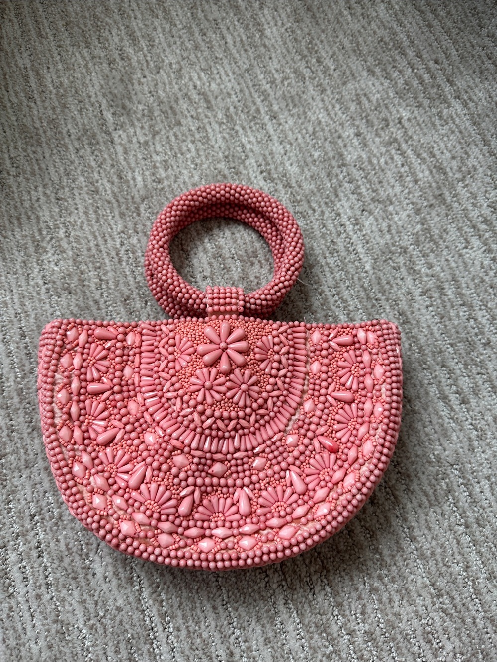 Beaded Half-Moon Wristlet Handbag in Coral Pink